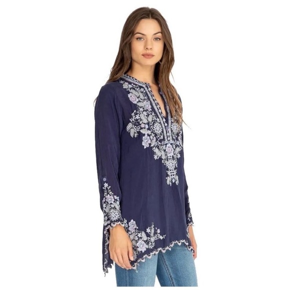 Johnny Was Mayan Ivory Embroidered Long Sleeve Tunic Blue - Picture 5 of 15